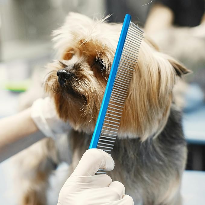 2 Pack Dog Combs with Stainless Steel Teeth Applicable to Cat Dog Comb Removing Tangles Easily Remove Dirt Grooming Anti-Slip Comfort Grip Handle （blue）
