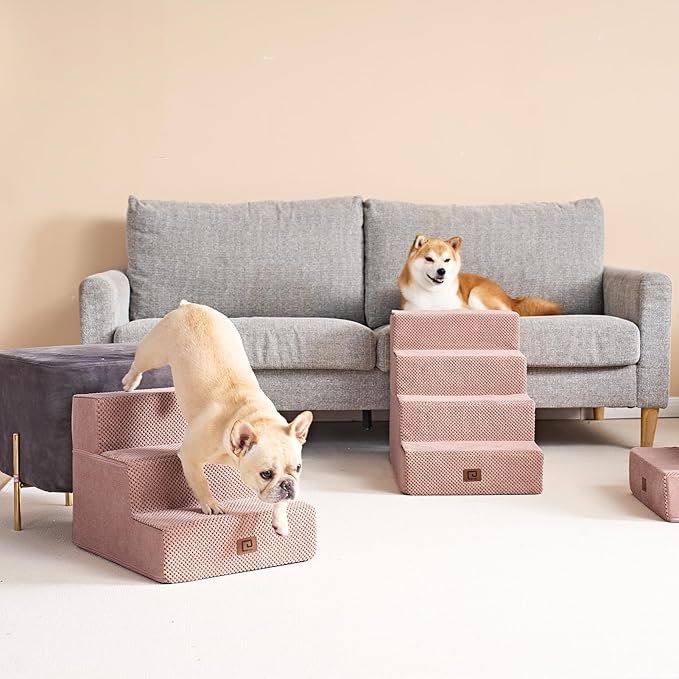 EHEYCIGA Dog Stairs for Small Dogs 13.5" H, 3-Step Dog Steps for Couch Sofa and Chair, Pet Steps for Medium Cats, Non-Slip Balanced Pet Ramp Indoor, Pink