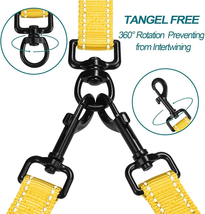 PetBonus Double Dog Leash, No Tangle Dual Leash, Reflective Walking Training Lead, 4 Comfortable Padded Handles for 2 Dogs with Collapsible Bowl and Waste Bags (Yellow, Large)