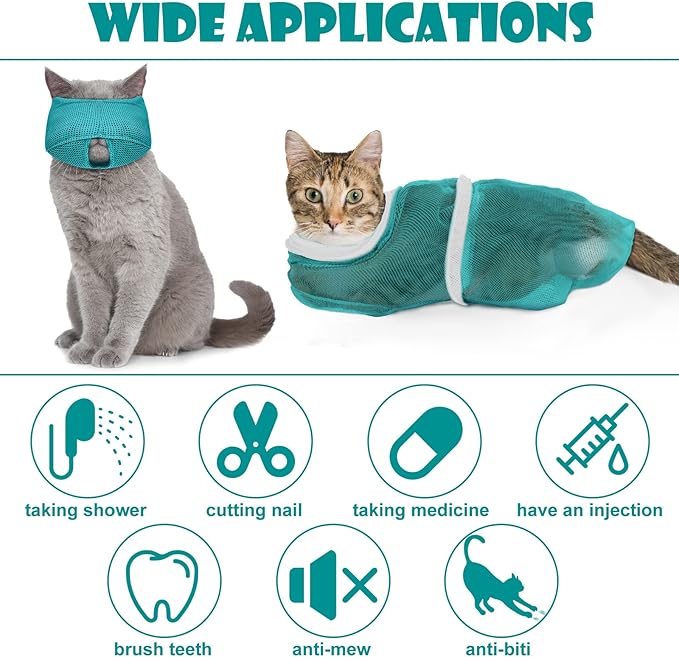 Patelai 5 Pcs Cat Bathing Bag Set Cat Grooming Bag Adjustable Pet Shower Net Muzzles Nail Clipper Tick Remover Tool Massage Brush(Green White)