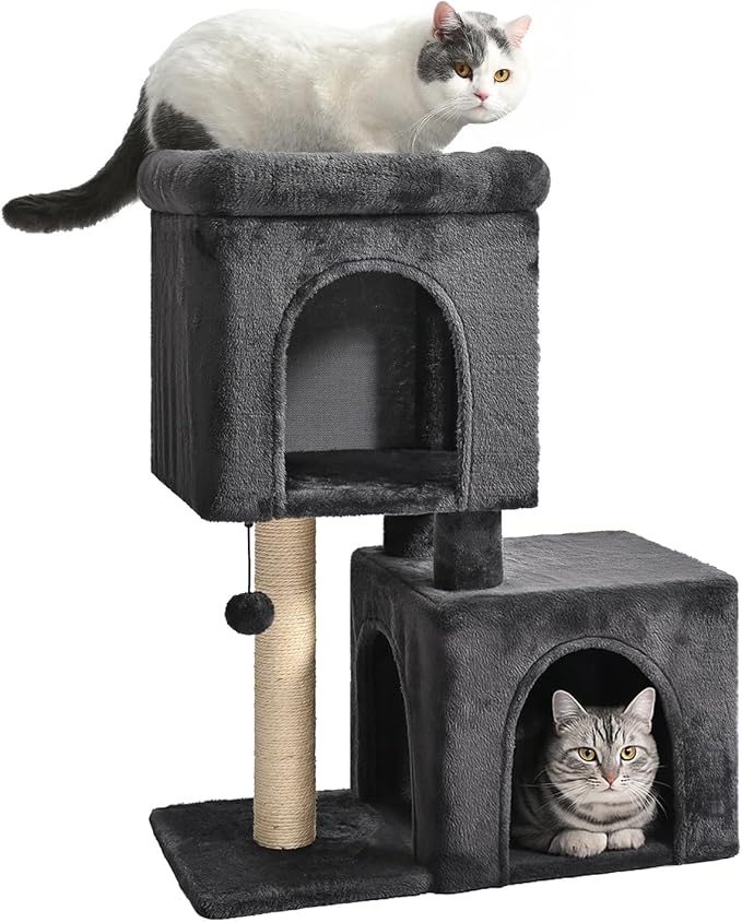 Amazon Basics 30 inch 2 Story Condo Cat Tree with Scratching Posts for Indoor Cats up to 16 lbs, Activity Center with Cozy Perch, Replaceable Hanging Pompom, Dark Gray