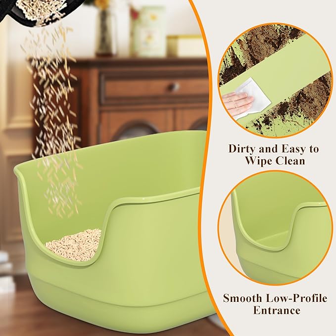 Gefryco Large Cat Litter Box with High Sided 24.6"x18.3"x12.2" - Jumbo Extra Large Open Anti - Splashing High Wall for Multiple Cats (Green)