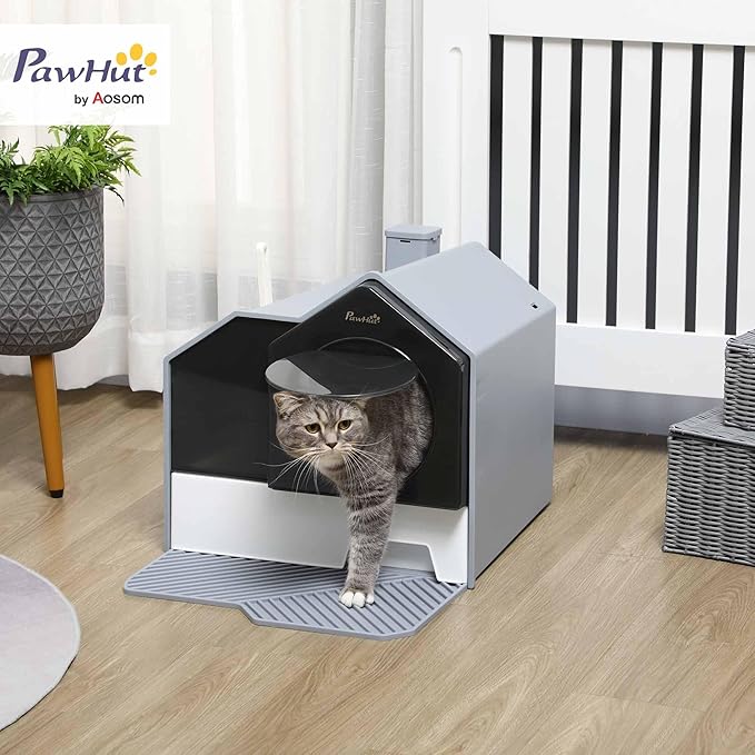 PawHut Hooded Cat Litter Box with Kitty Litter Mat, Kitty Litter Pan with Odor Control, Easy-Clean Pull-Out Drawer, Handle, Scoop, Gray