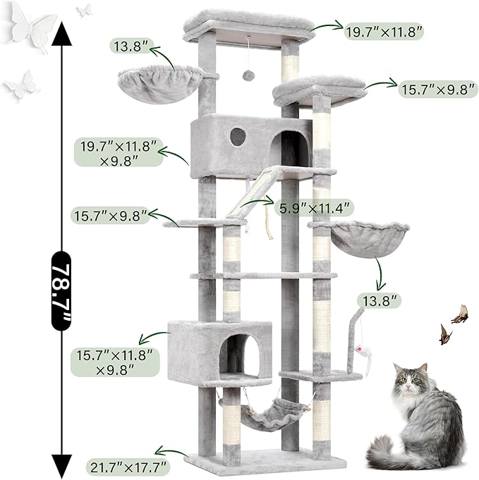 Cat Tree for Large Cats, 78.7"(200cm) Tall Cat Tower for Indoor Cats Multiple Cats with Large Top Perch, Cat Condo, Cat Hammcok, Cat Scratching Post, Light Gray GCT031W