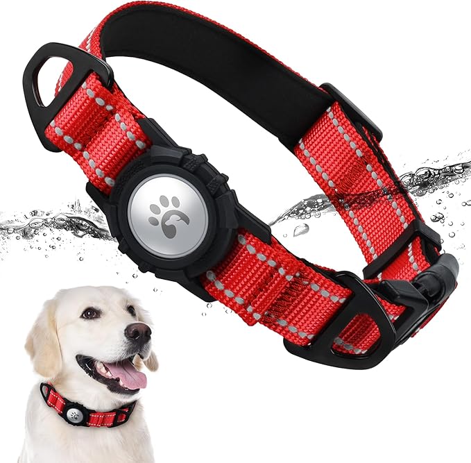 TagME Airtag Dog Collar,Waterproof Reflective Pet Collar with Airtag Holder,Soft Padded and Double D-Rings for Extra Large Dogs,Red