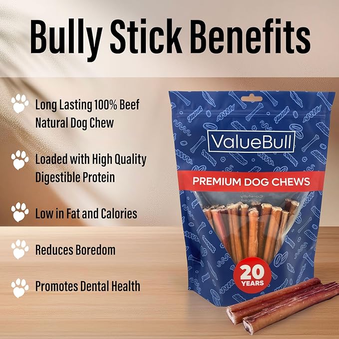 ValueBull Bully Sticks for Large Dogs, Jumbo 6 Inch, 100 Count Bulk Pack - All Natural, Grass Fed, Single Ingredient, Long Lasting Dog Treats for Aggressive Chewers