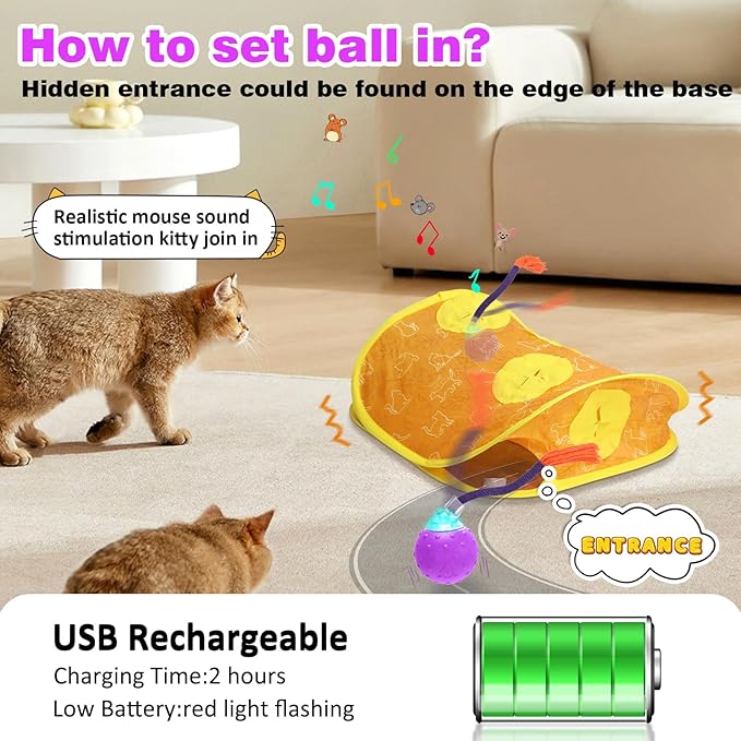 Interactive Cat Toys Mouse Ball, Motion Activated Cat Ball Super Fast in Mice Holes Cat Tent Tunnel