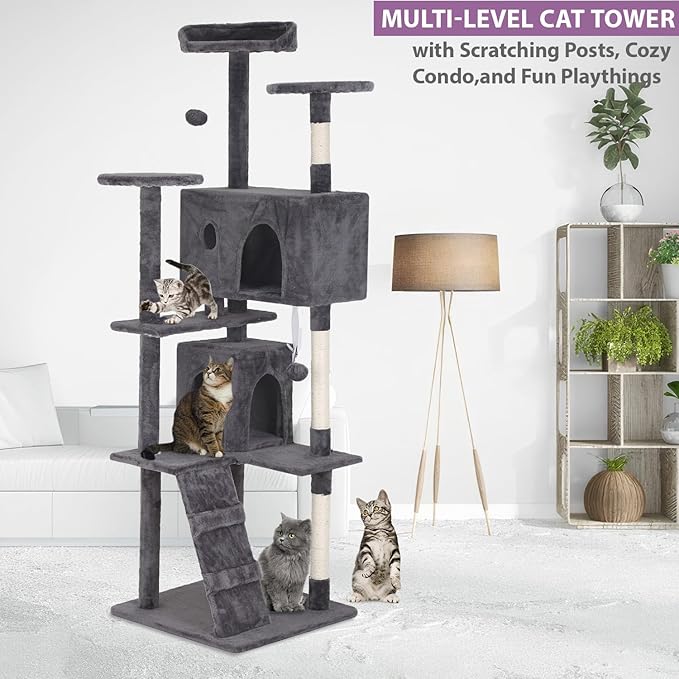70 inches Cat Tower for Indoor Cats Multi-Level Cat Condos for XL Cat Tree Cat Climbing Tower with Scratching Posts, Hanging Toys,Light Gray