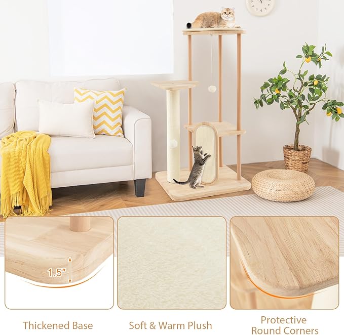 Tangkula Wood Cat Tree for Indoor Cats, Multi-Level Modern Cat Tower with Sisal Scratching Board & Post, Padded Perch, Platform, Hanging Toy, Minimalist Kitten Activity Center for Small & Medium Cats