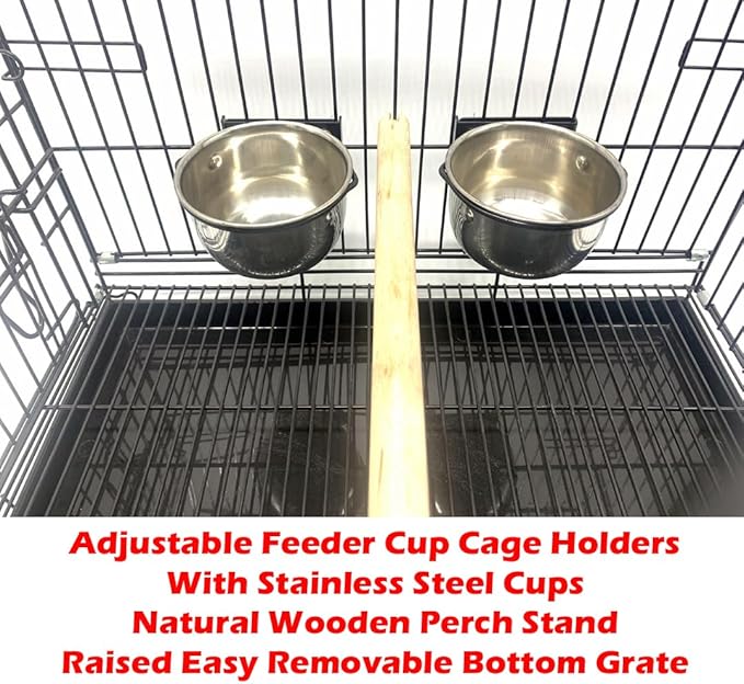 Durable Easy Portable Collapsible Metal Travel or Veterinary Collapsable Parrot Bird Carrier Beaks-Proof Easy Clean Carrier Cage with Stainless Steel Feeder Bowls Natural Wooden Perch