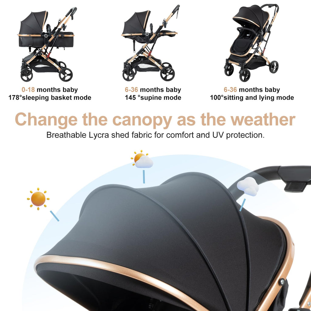2 in 1 Baby Stroller Newborn Foldable Pushchair Folding High Landscape Infant Carriage,Toddler Pushchair Black Baby Stroller