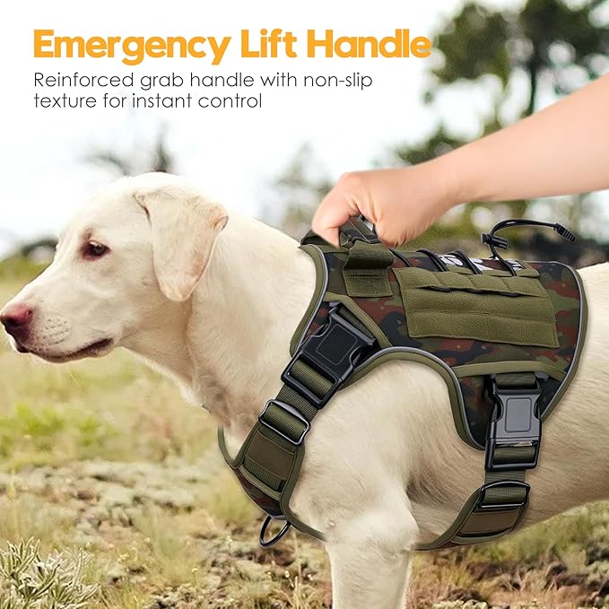 Heavy-Duty Tactical Dog Harness for Large Dogs, No Pull Adjustable Reflective Pet Vest with Molle System, K9 Military-Grade Control for Service Training, Outdoor & 10+ Breeds, Green Camo, Large