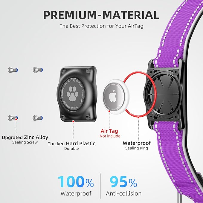 Airtag Dog Collar - 100% Waterproof Air tag Dog Collar Holder for Apple AirTag, Reflective, Soft Padded, Everlasting, GPS Dog Collar for Small Medium Large Dogs (Purple, M)