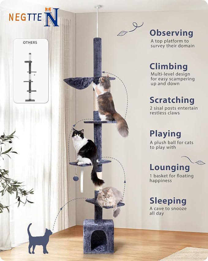 Floor to Ceiling Cat Tree, 5-Tier Height (95-109 inches) - Adjustable Cat Climbing Tower with Sisal Scratching Posts, Cat Condo, Hammock, Platforms, and Hanging Balls