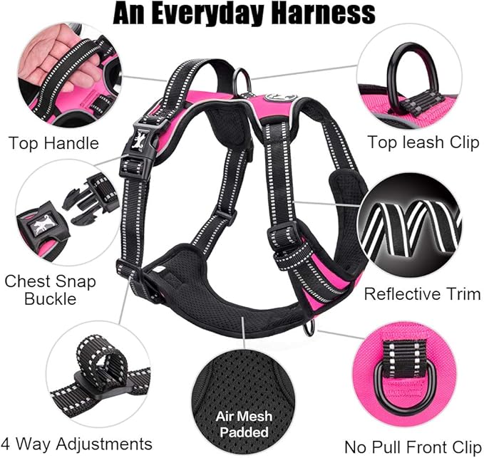PoyPet No Pull Dog Harness, Reflective Comfortable Vest Harness with Front & Back 2 Leash Attachments and Easy Control Handle Adjustable Soft Padded Pet Vest for Small to Large Dogs (Pink,XL)