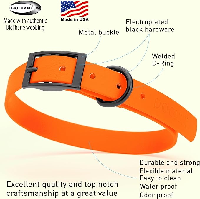 Dogline Biothane Waterproof Dog Collar Strong Coated Nylon Webbing with Black Hardware Odor- Proof for Easy Care Easy to Clean High Performance Fits Small Medium or Large Dogs, Hunter Orange