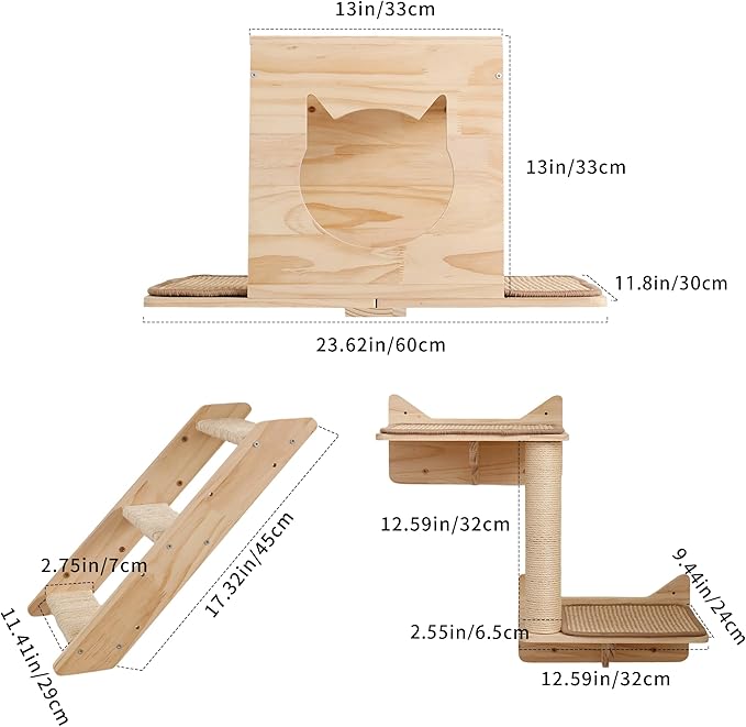 KVIDA Cat Wall Shelves Set – 5PCS Extra-Large Wall Mounted Cat Furniture with 2 Platforms, Sisal Scratching Post & Cat House – Solid Wood Climbing Wall for Large Indoor Cats