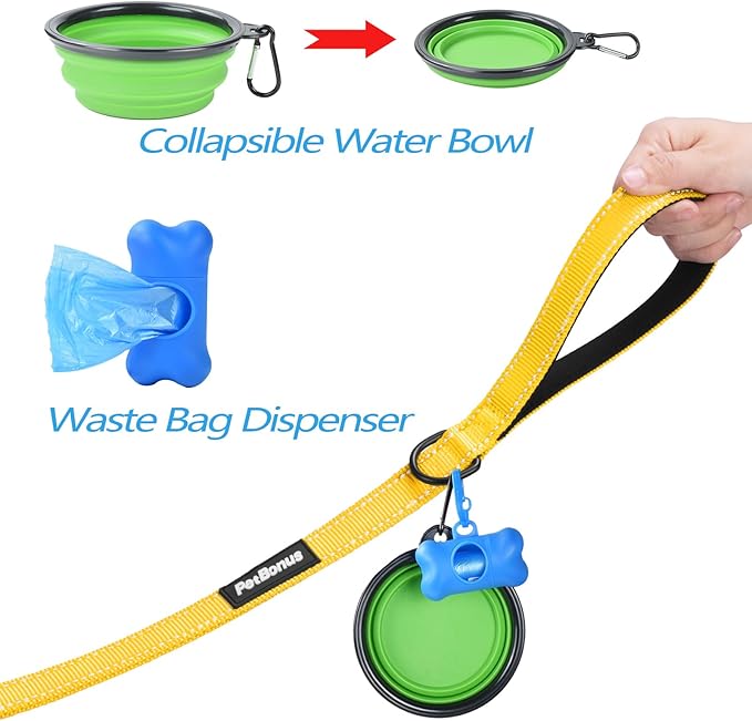 PetBonus Double Dog Leash, No Tangle Dual Leash, Reflective Walking Training Lead, 4 Comfortable Padded Handles for 2 Dogs with Collapsible Bowl and Waste Bags (Yellow, Large)