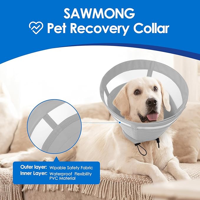 SAWMONG Soft Dog Cone for Small Dogs, Adjustable Pet Recovery Collar to Stop Licking, Comfy Elizabeth E-Collar for Dogs After Surgery Alternative (S,Grey)