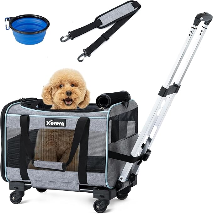 Dog Cat Carrier with Wheels, Airline Approved Pet Carrier for Cats Dogs 15lbs 20 lbs with Double-Sided Mat, Safety Leash and Shoulder Strap, Grey