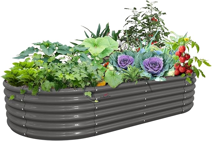 A ANLEOLIFE 8X4X1.5 ft Galvanized Raised Garden Beds Outdoor, Oval Large Metal Planter Box for Planting Vegetables Flowers Herb, Anti-Rust & Easy-Setup, Quartz Grey