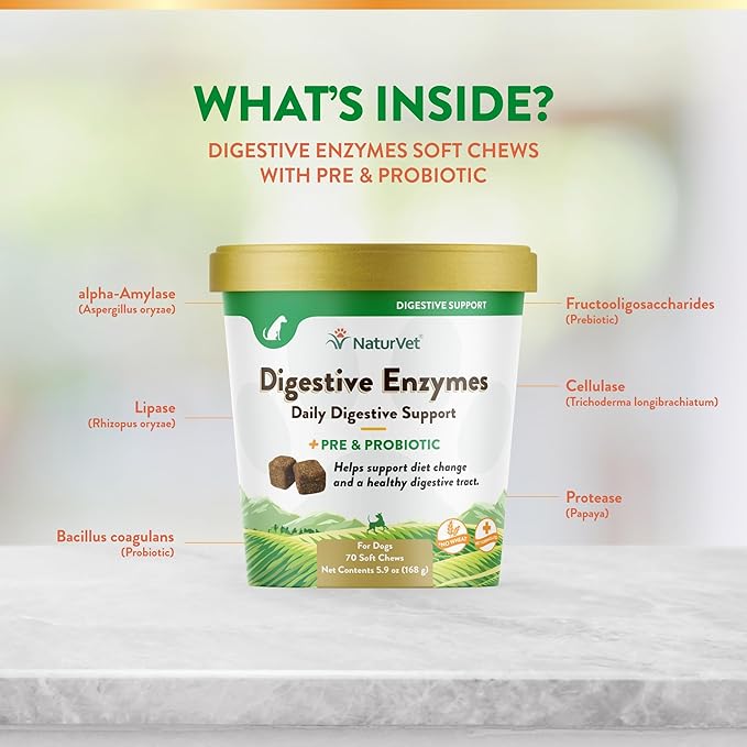 NaturVet – Digestive Enzymes - Plus Probiotics & Prebiotics – Helps Support Diet Change & A Healthy Digestive Tract – for Dogs (Soft Chews, 70 Count)