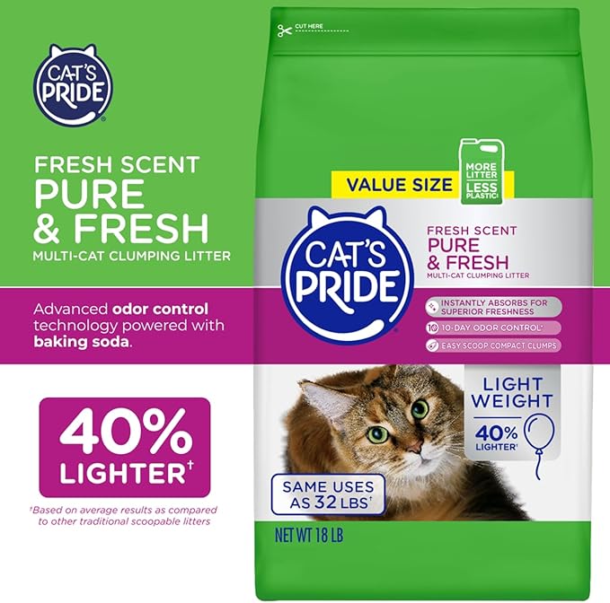 Cat's Pride Premium Lightweight Clumping Litter: Pure & Fresh - Up to 10 Days of Powerful Odor Control - Multi-Cat, Scented, 18 Pounds