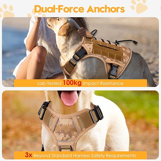 Heavy-Duty Tactical Dog Harness for Large Dogs, No Pull Adjustable Reflective Pet Vest with Molle System, K9 Military-Grade Control for Service Training, Outdoor & 10+ Breeds, Khaki Camo, Large