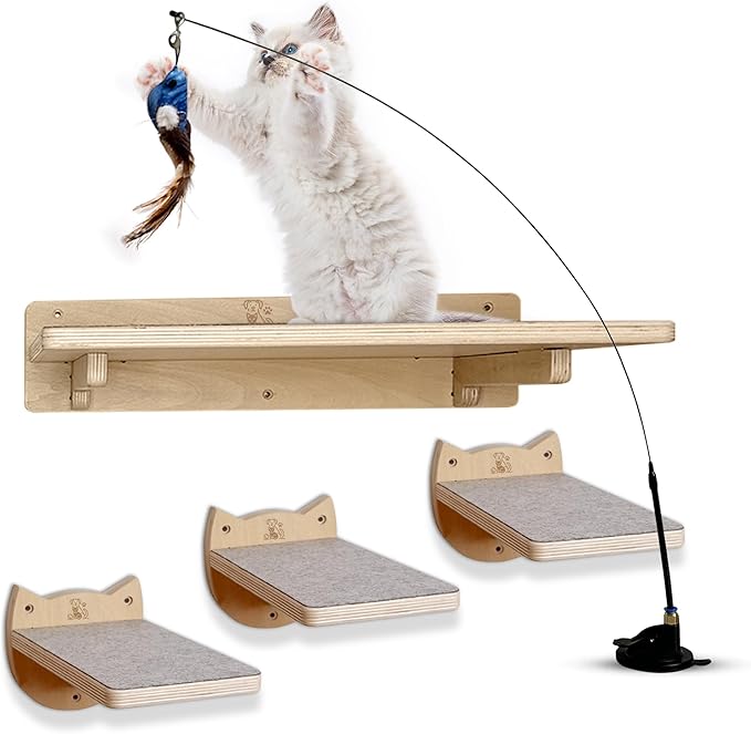 Snuggle & Play Cat Wall Shelves with Suction Cup Wand – 3 Mounted Steps, Climbing Wall Shelves and Furniture with Cat Wand