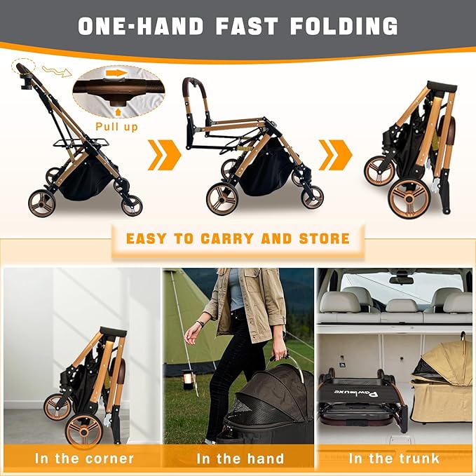 Pet Stroller for Small & Medium Dogs Cats up to 55 lbs 4-in-1 Foldable Travel Pet Stroller with Detachable Carrier Lightweight All-Terrain Spring Damping,Car Seat,Sun Canopy,Khaki