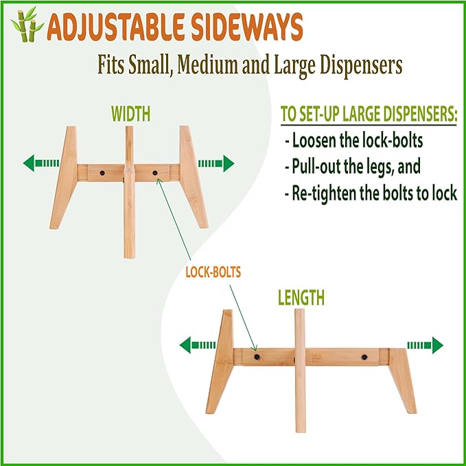 Dog Water Bowl Dispenser Stand - Compatible with Automatic and Gravity Water/Food Dispensers - Adjustable Width, Holds Various Sizes [See Photos for Measurements] - Bamboo