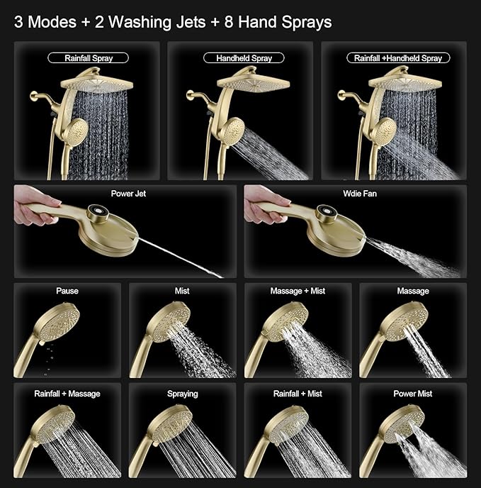 High Pressure Rain Shower Head: Upgrade Shower Heads with Handheld Spray Combo with Fixed Showerhead and 10 Sprays Handheld Shower Head, Detachable Shower head Built-in Power Jets