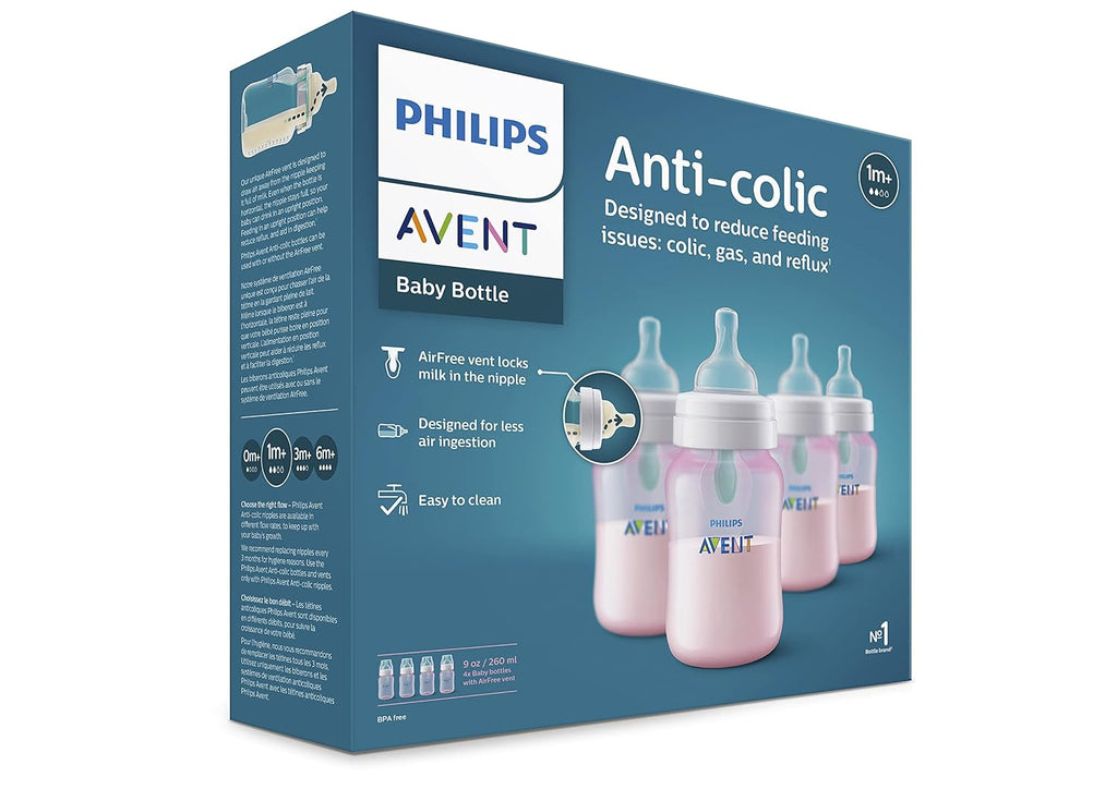Philips Avent Anti-Colic Baby Bottle with AirFree Vent, Medium Flow 2 Nipple, 1m+, 9oz, 4 Pack, Pink, SCY703/14