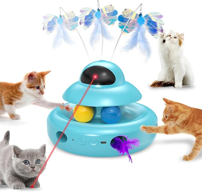 Cat Toys,4-in-1 Automatic Kitten Toy for Bored Indoor Adult Cats,lectric Flying Butterfly,Whack a Mole,Feather Track Balls,Blue