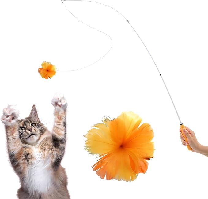 Cat Feather Wand Toy - 38" Retractable Cat Wand Toy with Orange Feather Flower Teaser Refill for Indoor Cats and Interactive Play