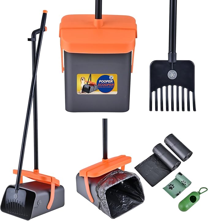 Pooper Scooper Swivel Bin & Rake Kit with 55 Waste Bags, 46" Long Handle Adjustable Portable Non-Breakable Dog Pooper Scooper Easy to Clean Pet Waste