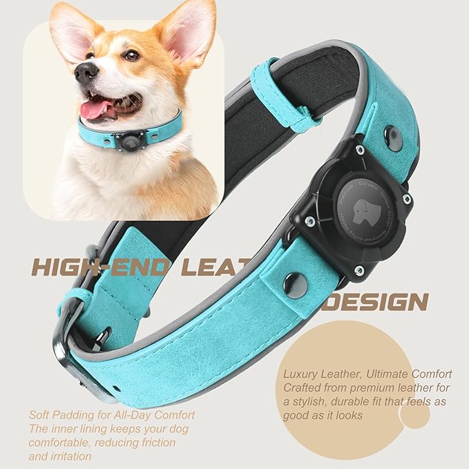 AirTag Dog Collar - Leather Dog Collar with Air Tag Holder | IPX8 Waterproof, Reflective, High - End, Adjustable Soft Padded | Dog GPS Tracker Collars Fit for Medium Large Dogs (Light Blue, M)