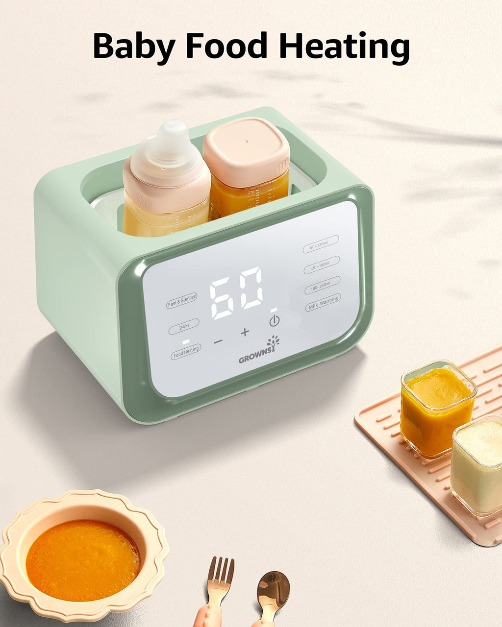 Baby Bottle Warmer, Grownsy 8-in-1 Fast Milk Warmer with Timer Breastmilk or Formula, Fits 2 Bottles, Accurate Temperature Control, with Defrost, Sterili-zing, Keep, Heat Baby Food Jars Function