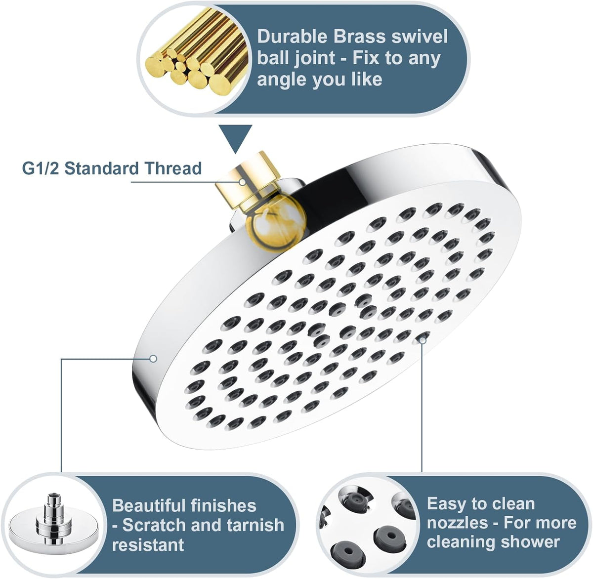 6 Inch Rainfall Shower Head with 2 Spray Settings, Adjustable Angle