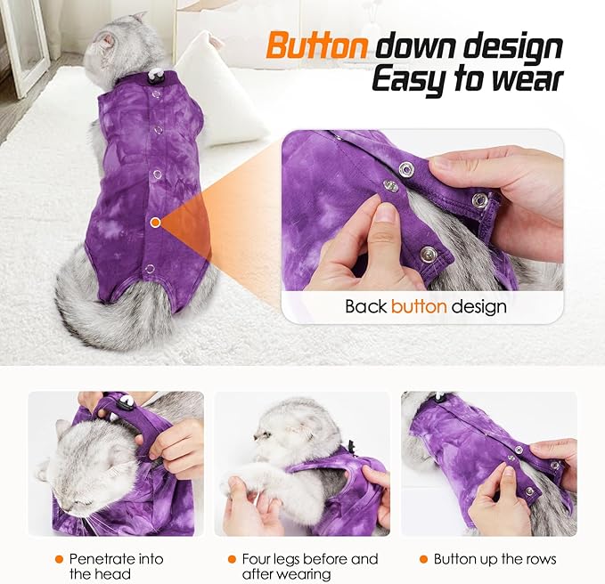 Purrfect Recovery Suit for Cats - Abdominal Wound Protection, Cone Alternative, Purple L