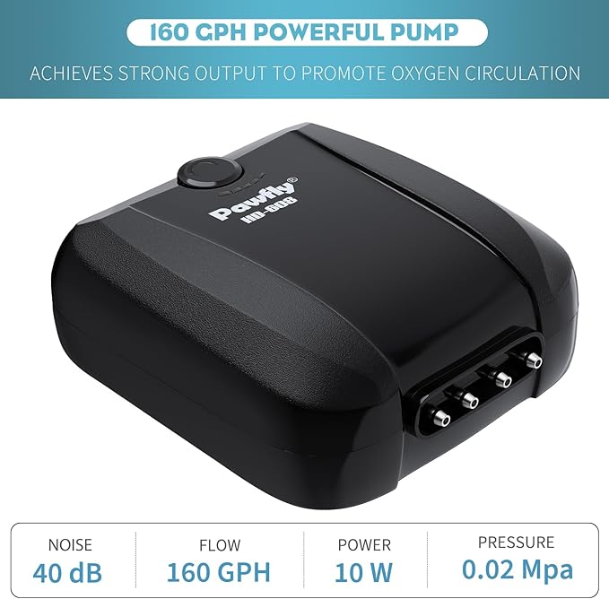Pawfly Aquarium Air Pump Oxygen Pump for 10-200 Gallon Fish Tanks Buckets Dual Outlet Adjustable Ultra Quiet Aerator Pump with Accessories