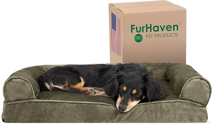 Furhaven Pillow Dog Bed for Medium/Small Dogs w/ Removable Bolsters & Washable Cover - Faux Fur & Velvet Sofa - Dark Sage, Medium