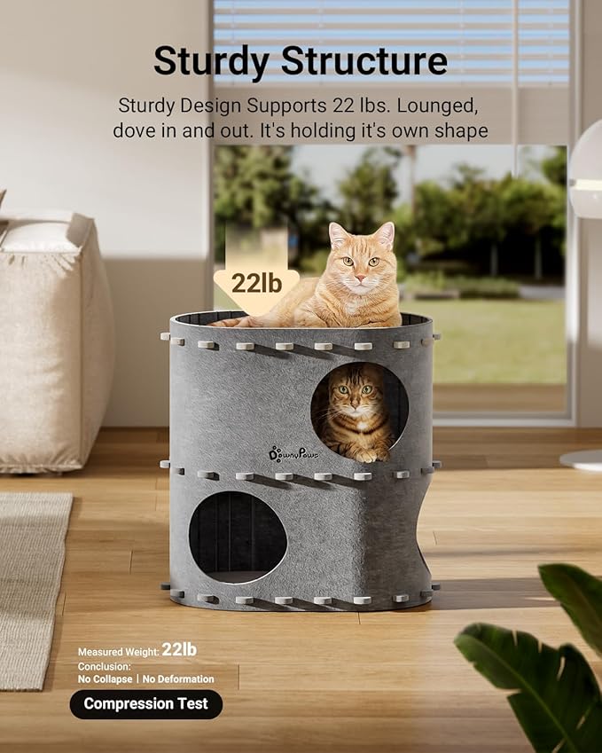 DownyPaws Cat House for Indoor Cats, 2-Storey Foldable Cat Bed Cave, Felt Cats Tunnel Bed Condo, Castle Kitten Cube Hideaway for Multicats, Scratch Resistant, Light Gray