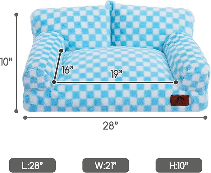 Hollypet Fluffy Plush Dog Cat Pet Couch Soft Calming Sofa Bed for Medium Small Cats and Dogs, Blue and White
