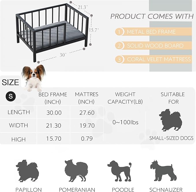 Dog Bed with Rails - Elevated Pet Metal Bed Frame with Solid Wood Board and Washable Soft Mat for Small Dog Indoor or Outdoor Use, 21.3" x 30", Black