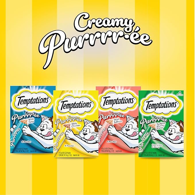 Temptations Creamy Puree Mix-Ups Squeezable Lickable Wet Cat Treats, Tuna Flavor, Salmon Flavor, and Seafood Medley Flavor, 0.42 oz. Tubes, 48 Count