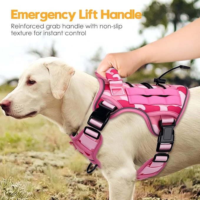 Heavy-Duty Tactical Dog Harness for Large Dogs, No Pull Adjustable Reflective Pet Vest with Molle System, K9 Military-Grade Control for Service Training, Outdoor & 10+ Breeds, Pink Camo, Small