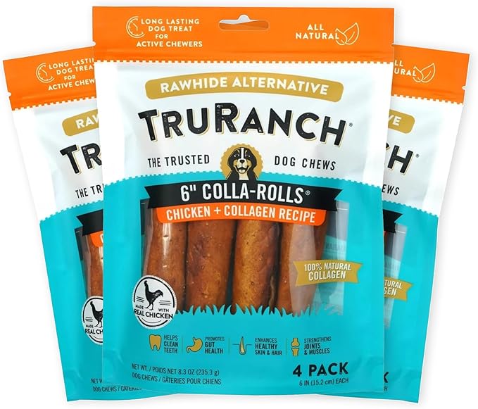 Collagen Rolls - 6" Collagen Rolls for Dogs - Long Lasting Healthy Joint Support - Rawhide Alternative - Skin & Coat Health - Made with Real Chicken, Value Pack, 3 Bags, 12 Count
