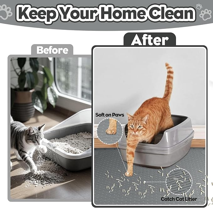 Cat Litter Mat, Extra Large 40" x 28" Silicone Mat Litter Trapping Mat for Scatter Control, Soft on Kitty Paws, Easy to Clean (Dark Gray)