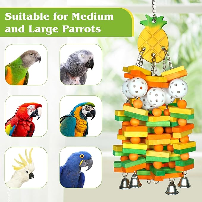 Large Wooden Bird Toys for Parrots, Cockatoos, Cockatiels, and Parakeets, Safe and Durable Shredding Cage Toy for Engaging Play Things (Pineapple)